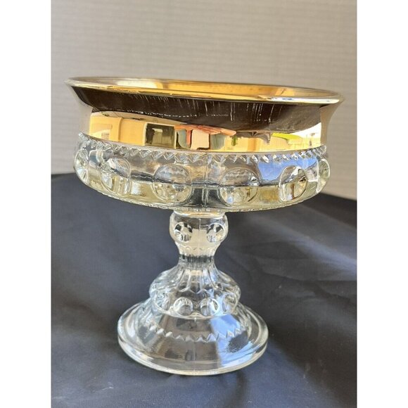 Vintage Indiana Glass Kings Crown Gold Rim Thumbprint Compote Serveware Dish - Picture 5 of 12